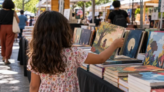 Representação de uma criança vista por trás escolhe um livro numa banca de feira literária com capas sem palavras legíveis. Imagem gerada por IA.