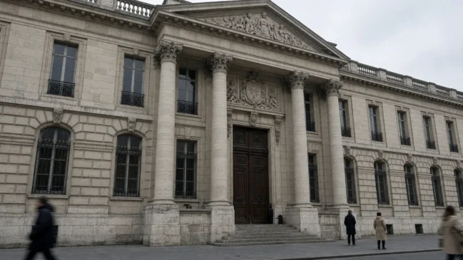 Fachada de prédio judicial em pedra clara sob céu nublado em Paris, com pedestres desfocados na calçada