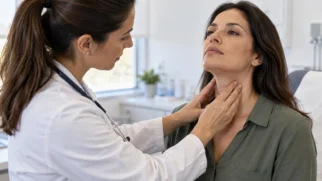 O exame clínico integra a avaliação de possíveis alterações da tireoide. Imagem gerada por IA.