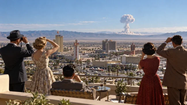 Reconstituição artística do turismo atômico; não corresponde a uma fotografia de uma detonação específica. Imagem gerada por IA.