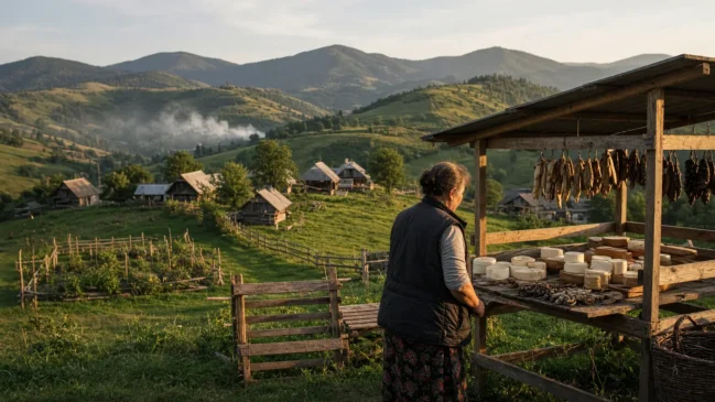 Vale rural com casas de madeira e barracas de produtos de montanha sob luz dourada