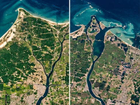 Vista aérea ilustrativa do delta do Rio Nilo, no Egito, comparando duas configurações da faixa costeira e mostrando áreas de terra afetadas pela erosão.