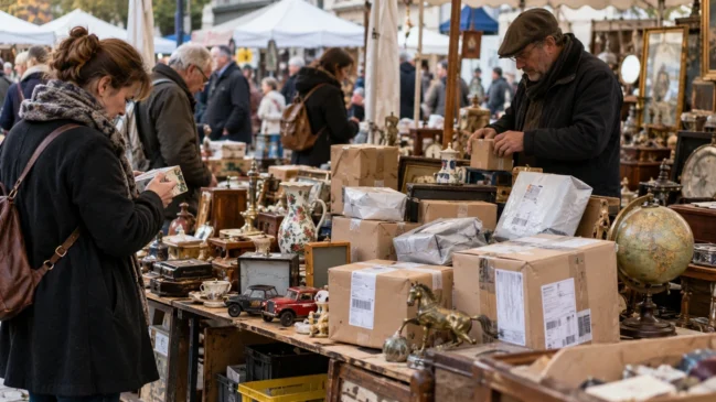 Banca de feira de antiguidades na França com caixas de encomendas, objetos antigos e pessoas procurando artigos usados.