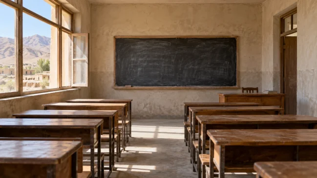Uma sala vazia ilustra a discussão sobre exclusão educacional. Imagem gerada por IA.
