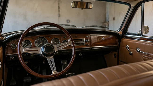 Representação de o volante, o painel de madeira e os bancos de um carro antigo aparecem em detalhe dentro de uma garagem. Imagem gerada por IA.
