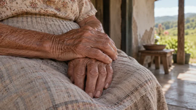 Representação de mãos de uma mulher muito idosa descansam sobre um tecido simples numa casa rural brasileira. Imagem gerada por IA.

