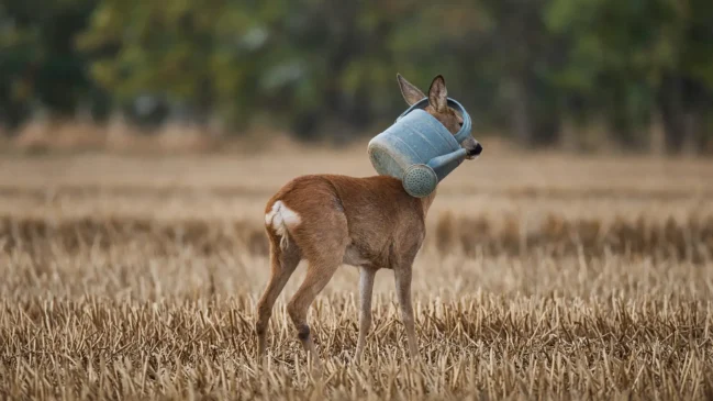 Cervo ao longe em campo de restolho com regador de plástico enroscado no pescoço
