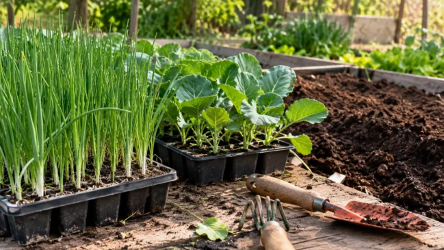 Representação de mudas de cebolinha e couve aguardam plantio ao lado de pequenos instrumentos de jardinagem. Imagem gerada por IA.