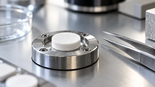 Uma pequena amostra cerâmica branca está posicionada em um suporte metálico ao lado de uma pinça. A composição representa a preparação de espécimes para análise de estruturas e propriedades em laboratório. Imagem gerada por IA.
