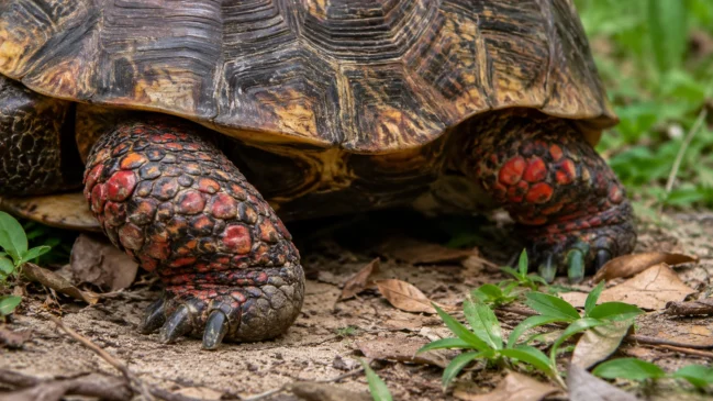 Representação de detalhe do casco e das patas de um jabuti-piranga mostra escamas avermelhadas e textura natural. Imagem gerada por IA.