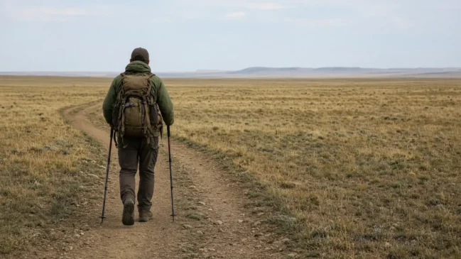 Caminhante adulto de costas com mochila e bastões em trilha de terra em estepe aberta