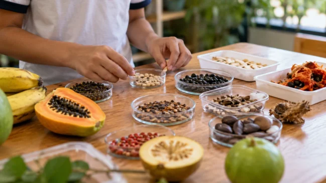Representação de sementes de frutas organizadas em pequenos recipientes estão sobre uma mesa de observação escolar. Imagem gerada por IA.