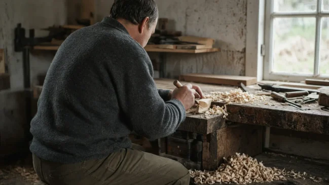 Artesão de costas em oficina esculpindo utensílio de madeira à mão