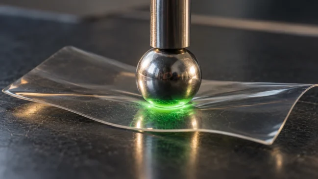 Uma esfera metálica comprime uma película transparente e produz um contorno luminoso na área de apoio. A cena representa a visualização da distribuição de contato quando uma superfície recebe pressão localizada. Imagem gerada por IA.

