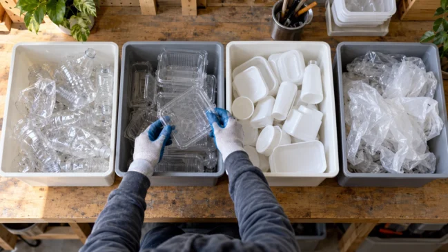 Mãos separam embalagens plásticas em recipientes dispostos sobre uma mesa de trabalho. A cena representa a triagem da matéria-prima, etapa importante para organizar o processamento e o reaproveitamento de resíduos. Imagem gerada por IA.