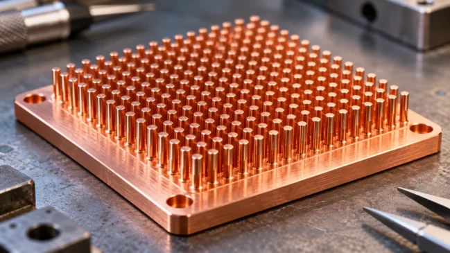 Uma placa de cobre apresenta uma matriz de pequenos pinos distribuídos pela superfície. A composição representa microestruturas que aumentam a área de contato disponível para a troca de calor em sistemas de refrigeração. Imagem gerada por IA.