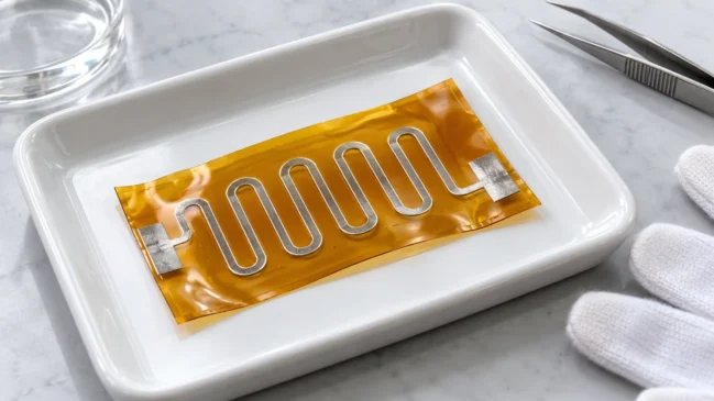 Película âmbar com trilha metálica em formato de serpentina, apoiada sobre uma bandeja branca ao lado de instrumentos de laboratório. A cena destaca a combinação entre uma base flexível e o circuito responsável por conduzir sinais. Imagem gerada por IA.