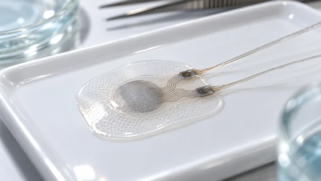 Um eletrodo transparente com trilhas finas e fios está apoiado em uma bandeja de laboratório. A imagem representa componentes flexíveis usados para estabelecer contato com a pele e encaminhar sinais a um sistema de registro. Imagem gerada por IA.
