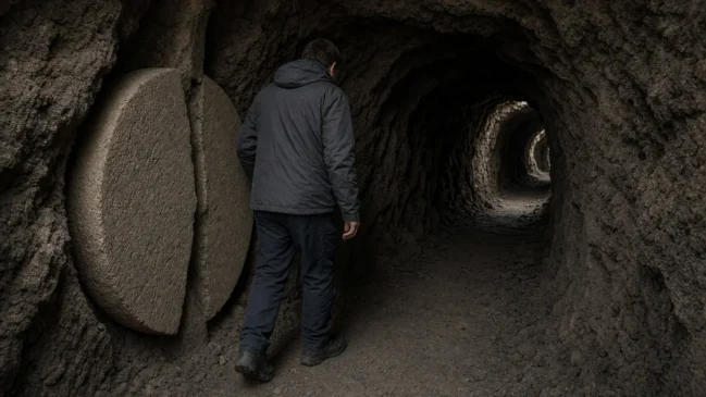 Túnel estreito de rocha com pedra circular encaixada no rebaixo lateral