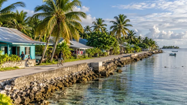 Cena inspirada em Tuvalu; não documenta uma obra específica ou a condição atual do país. Imagem ilustrativa gerada por inteligência artificial.
