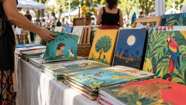 Representação de livros infantis com capas coloridas sem inscrições estão organizados numa mesa de feira. Imagem gerada por IA.