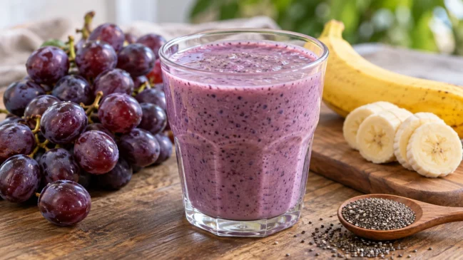 Uva, banana e chia compõem uma das combinações apresentadas. Imagem ilustrativa gerada por inteligência artificial.