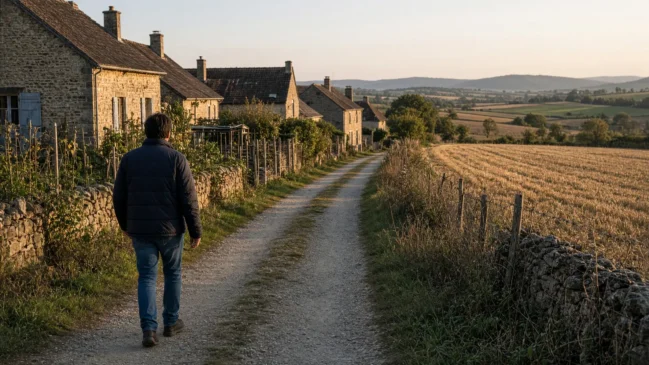 Casas baixas e quintais no limite da aldeia abrindo para campos secos ao entardecer
