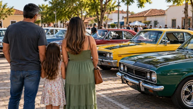 Representação de uma família vista de costas observa carros antigos num pátio de encontro, com os rostos fora do enquadramento. Imagem gerada por IA.
