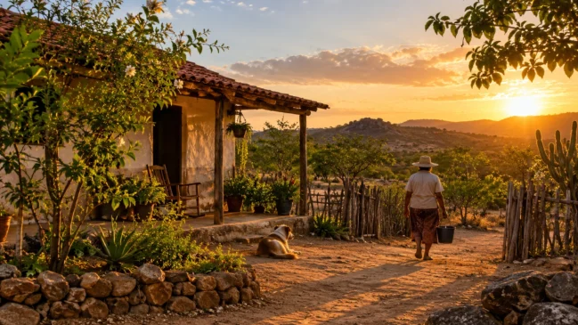 Representação de uma casa rural do Sertão aparece com quintal, vegetação da Caatinga e luz do fim da tarde. Imagem gerada por IA.
