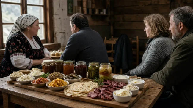 Mesa de degustação com pratos e potes regionais em ambiente comunitário