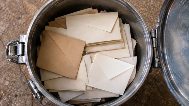 Envelopes de papel são acomodados dentro de um recipiente metálico. A imagem representa a reunião das mensagens antes do fechamento. Imagem gerada por IA.