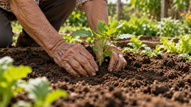 Representação de mãos idosas plantam uma muda num canteiro com terra preparada. Imagem gerada por IA.