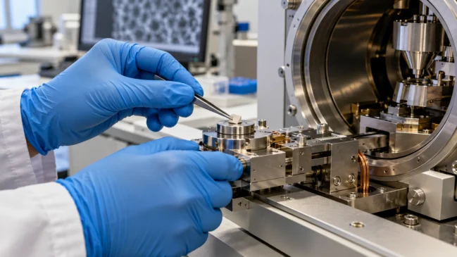 Mãos com luvas utilizam uma pinça para posicionar uma amostra em um suporte de microscopia. A imagem representa o preparo cuidadoso necessário para observar características de materiais em escala muito pequena. Imagem gerada por IA.