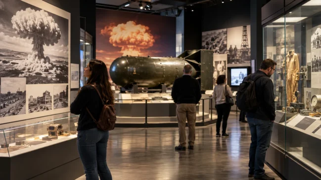 Composição ilustrativa de um espaço dedicado à memória da história nuclear. Imagem gerada por IA.
