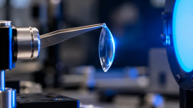 Uma lente fina presa pela borda recebe iluminação azul pela lateral. A cena representa o acionamento de um material óptico flexível por luz, como explorado no desenvolvimento da PHySL. Imagem gerada por IA.
