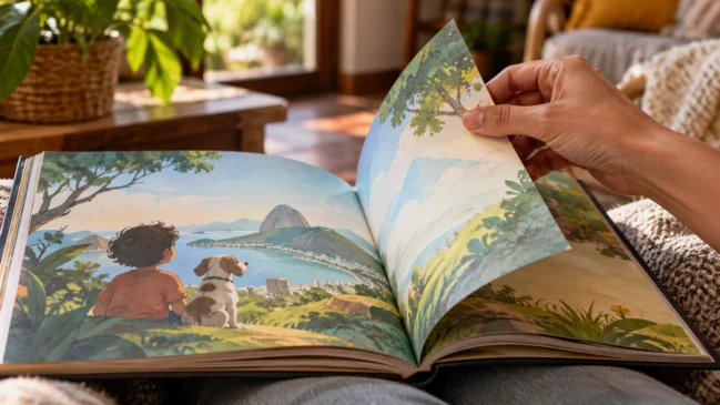 Representação de uma mão adulta vira a página de um livro infantil ilustrado sem letras visíveis. Imagem gerada por IA.