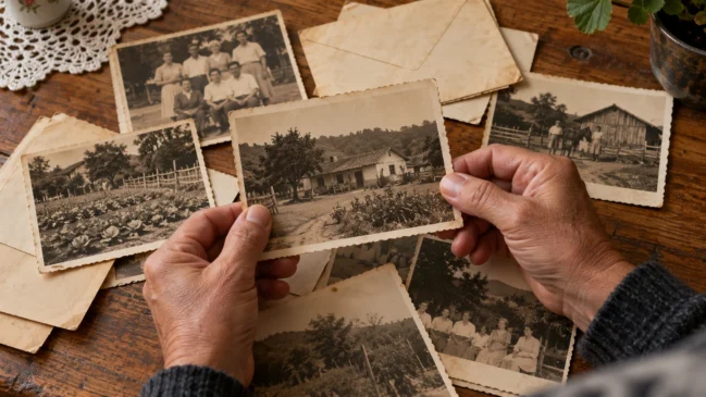Representação de mãos adultas organizam fotografias antigas de casas rurais, quintais e familiares sem rostos identificáveis sobre uma mesa. Imagem gerada por IA.