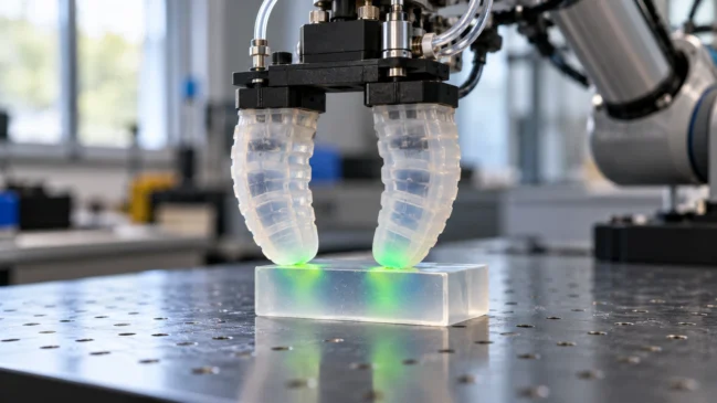 Uma garra robótica com extremidades macias toca uma superfície transparente, com luz verde nos pontos de apoio. A imagem representa o uso de informações táteis para observar o contato entre robôs e objetos. Imagem gerada por IA.
