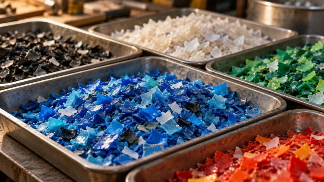 Bandejas metálicas reúnem flocos plásticos separados por cor, com detalhes da textura e do tamanho dos fragmentos. A imagem representa a preparação de material que poderá ser utilizado na fabricação de novas peças. Imagem gerada por IA.