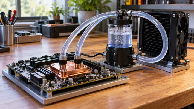 Placa eletrônica, bloco de cobre, tubos, reservatório e radiador formam um circuito de refrigeração sobre uma bancada. A imagem representa o percurso do líquido entre a região aquecida e os elementos que transportam e dissipam o calor. Imagem gerada por IA.