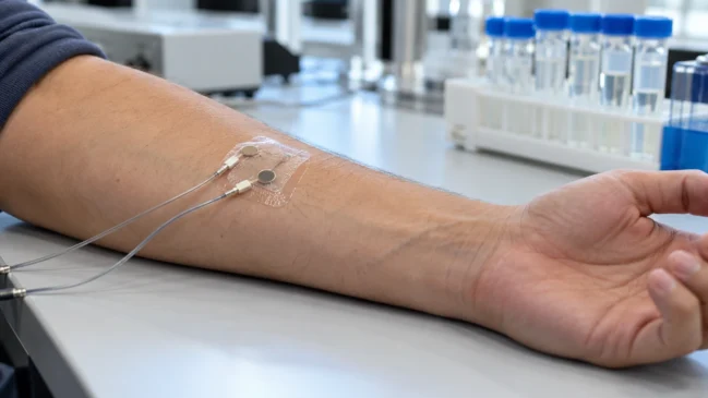 Um antebraço apoiado sobre a mesa recebe um pequeno sensor transparente conectado por fios. A cena representa o contato entre eletrodos flexíveis e a pele durante a coleta experimental de sinais corporais. Imagem gerada por IA.
