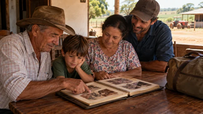 Uma família observa um álbum sobre a mesa, junto a uma bolsa de viagem. A cena representa lembranças de deslocamentos e mudanças de vida compartilhadas entre gerações. Imagem gerada por IA.