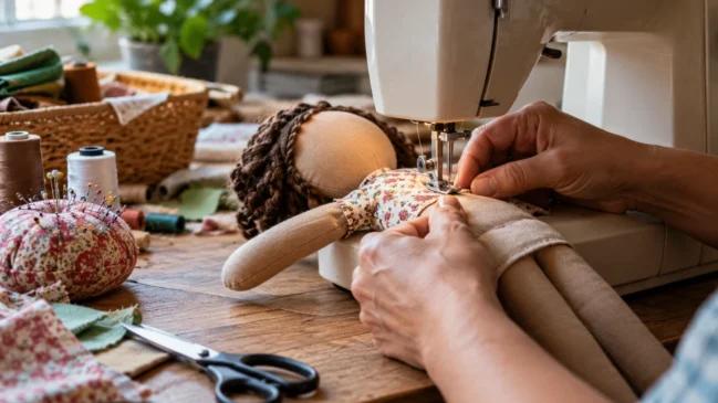 Representação de mãos adultas costuram à máquina uma parte de um boneco de pano. Imagem gerada por IA.
