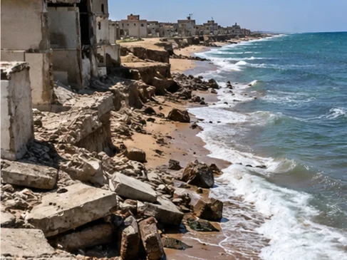 Construções de alvenaria deterioradas próximas ao mar, com ondas atingindo estruturas na faixa de areia e sinais de erosão costeira.