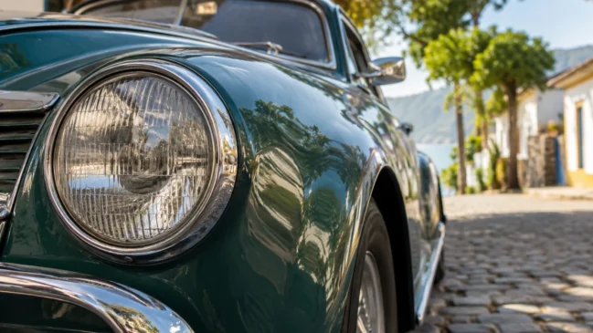 Representação de um farol circular e parte do para-lama de um carro antigo mostram detalhes de preservação. Imagem gerada por IA.

