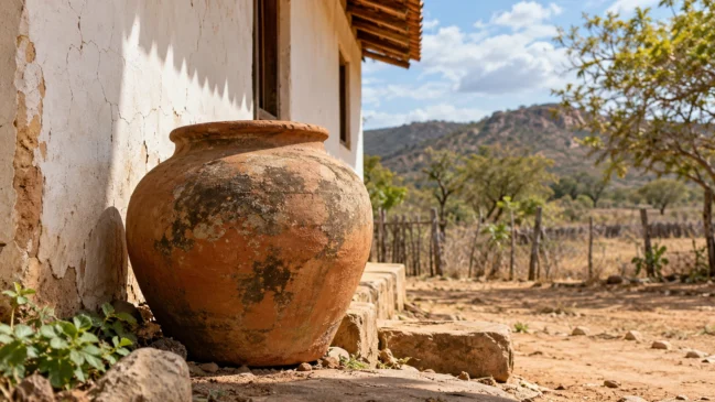 Representação de um antigo recipiente de água de cerâmica repousa perto de uma parede de casa sertaneja. Imagem gerada por IA.
