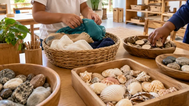 Representação de uma atividade sensorial reúne pedras, conchas, tecidos e madeira em recipientes de uma sala de aula. Imagem gerada por IA.
