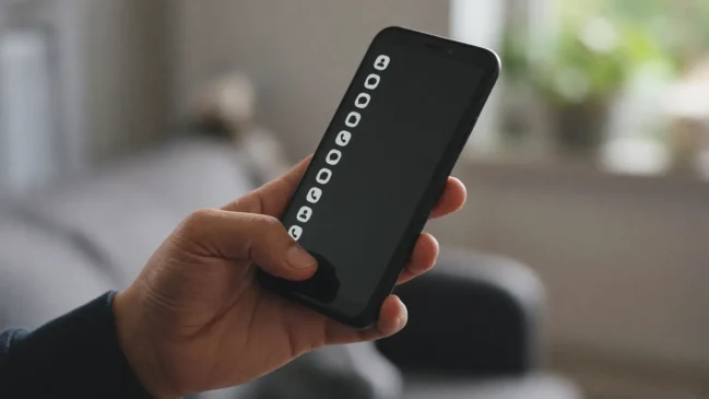 Mão adulta segura smartphone com lista longa de notificações ilegíveis em luz suave