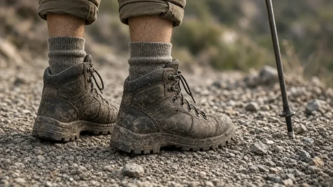 Botas de caminhada gastas e meias grossas sobre cascalho, ponta de bastão ao lado
