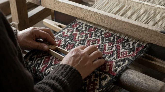 Detalhe de mãos adultas tecendo tecido tradicional em tear de madeira